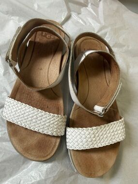 UGG White Woven Leather Ankle Strap Sandals